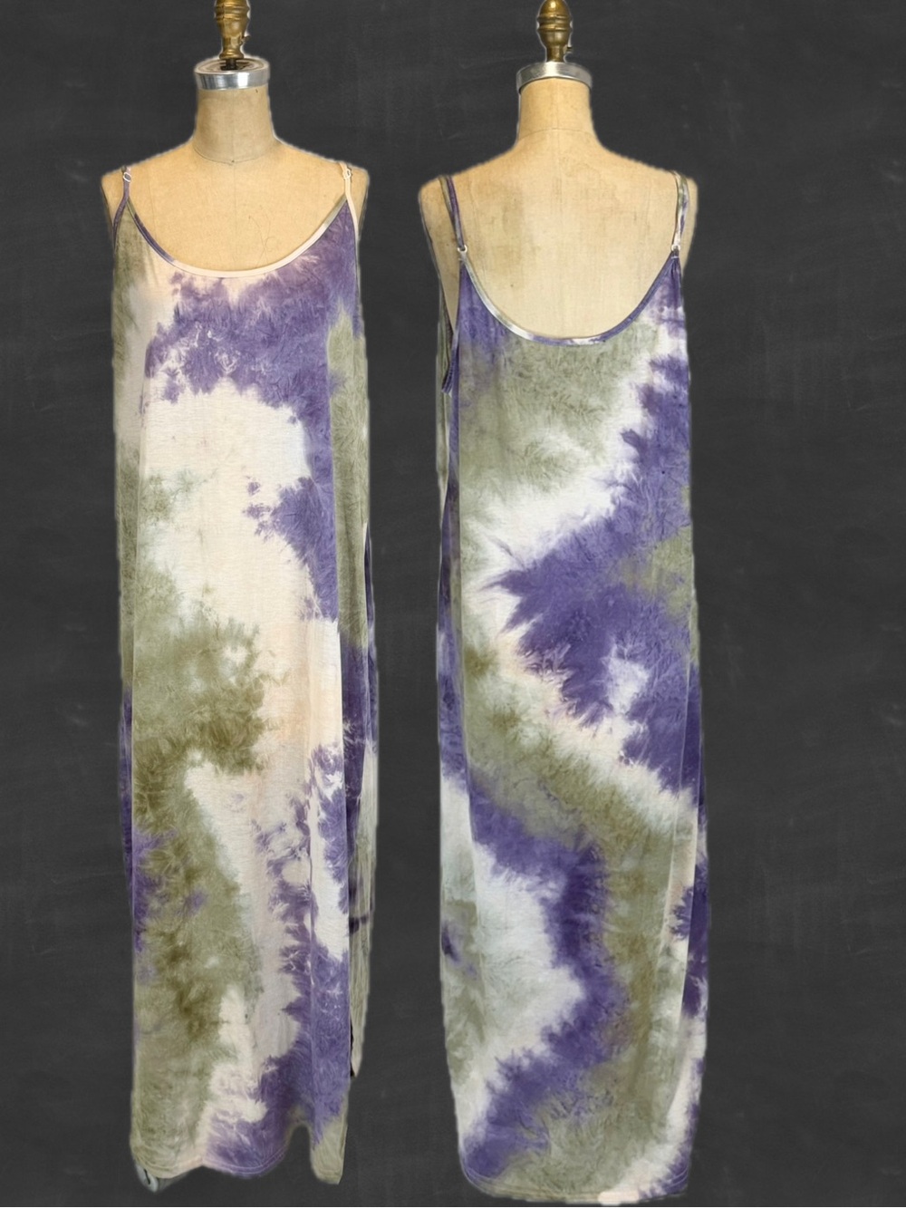 VINTAGE tie dye cotton long maxi dress sundress sleeveless strap purple green